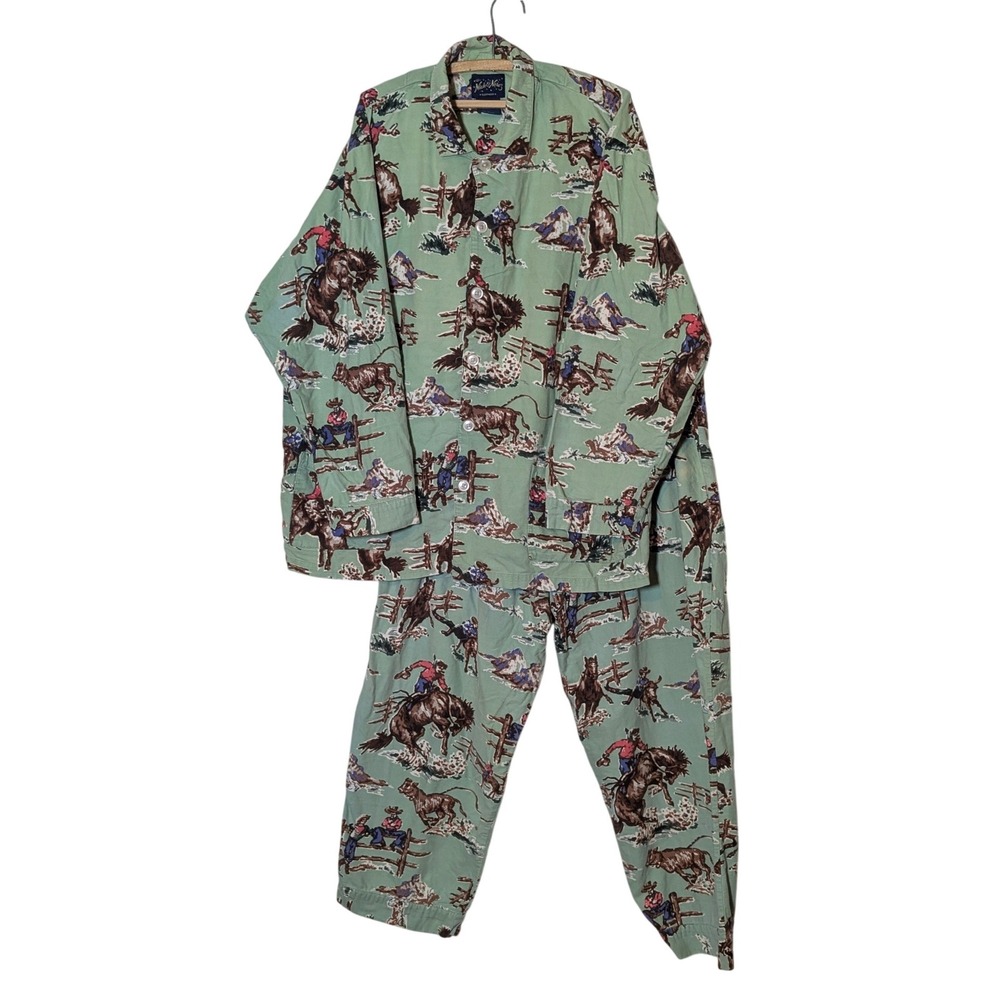 Vintage Nick & Nora Cowboy Pajama Set Mens XL Green Flannel Kurt Cobain Rodeo
